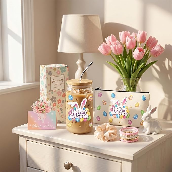 Easter Gifts for Teens Basket Stuffers Bunny Drinking Glasses Cup Coffee Mug with Lid & Straw Spring Easter Gifts for Women