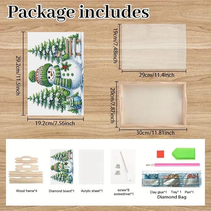 DIY Diamond Serving Tray Rectangular Breakfast Tray with Handle Handmade Diamond Art Painting Wooden Tray for Dinner Plate Coffee Room Living Home Organizer-Snowman