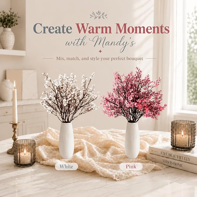 Mandy's Pink Artificial Baby’s Breath Flowers 6 Bundles Silk Gypsophila, 18.5 Inch European Style Modern Home Decor Centerpiece, Neutral Wedding Flower Arrangements