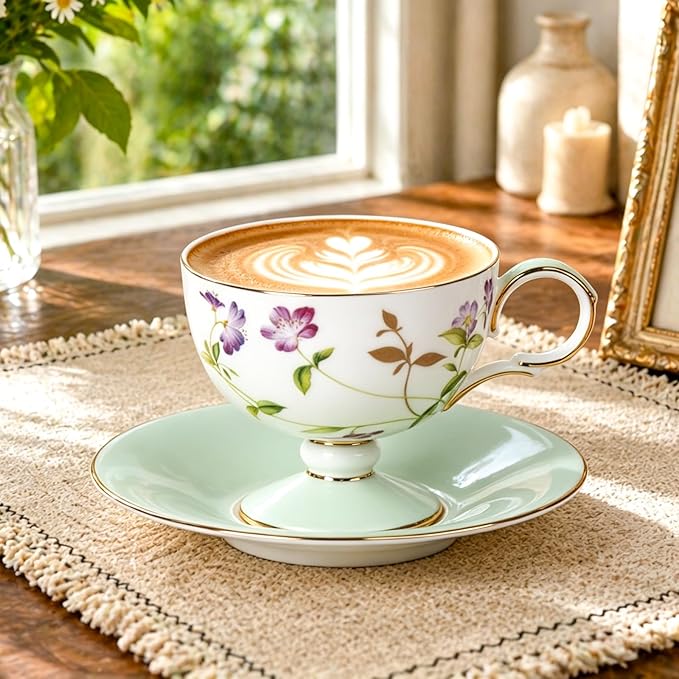 KAMMAK Ceramic Coffee Cups and Saucers Set of 2 – Handmade Porcelain Espresso Cups, 8.45 oz Bone China Tea Cup with February Orchid Pattern, Elegant Demitasse for Latte, Americano, Cappuccino