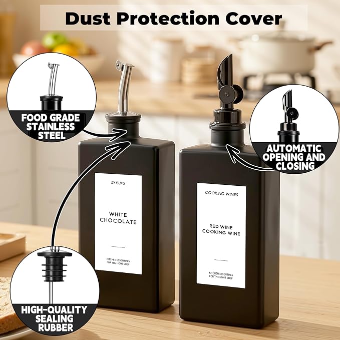 2PCS 16.9oz Olive Oil Dispenser Bottle For Kitchen, Soy Sauce Dispenser, Dark Glass Bottles for Oil and Vinegar Dispenser Set W.2 Replacement Spouts & Labels, Coffee Syrup Dispenser (Black)