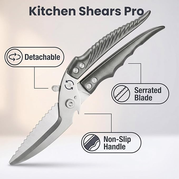 High-end heavy-duty kitchen shears, multi-functional food scissors, effortlessly cut through bones, meat, poultry, and all types of ingredients.