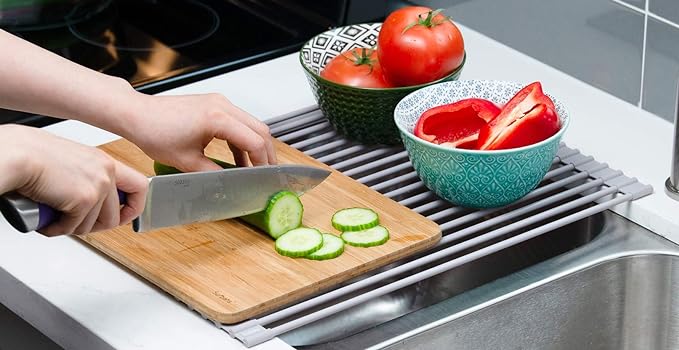 Surpahs 17.5 x 13.1 Inch Roll-Up Dish Drying Rack, Fits Across Sink Openings up to 16.5 Inches, Heavy-Duty Premium Silicone, Strong Support, Non-Slip, Heat-Resistant, Warm Gray