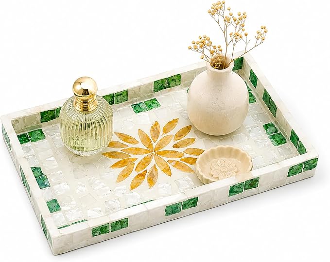Mother of Pearl Inlay Wooden Tray – Handmade Decorative Rectangle Serving Tray for Coffee Table, Kitchen, Bathroom, Vanity or Living Room Decor, Green Grass