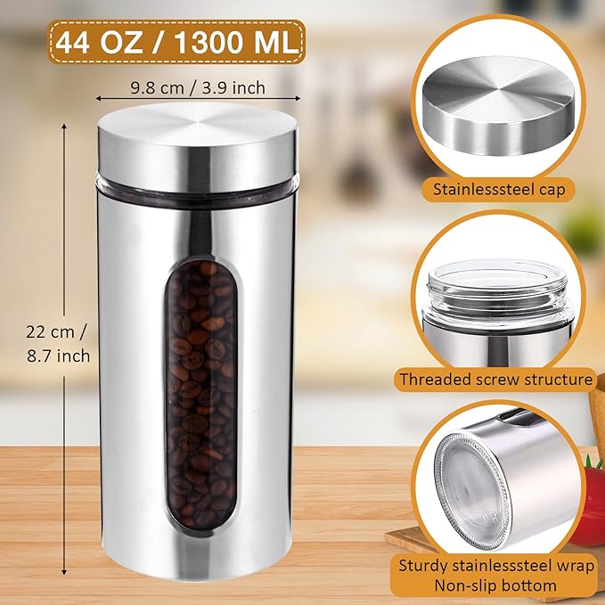 Mimorou 3 Pcs Stainless Steel Canister Set with Glass Windows Visible Storage Jars Silver Kitchen Canister Set for Pasta Flour Oat Sugar Container, Kitchen Tools, Housewarming Gifts(44 oz)
