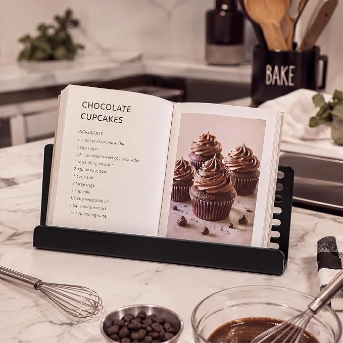 Hushee Black Book Cookbook Stand for Kitchen Counter Solid Wood Recipe Holder Portable Cook Recipes Stand Modern Countertop Book Holder Rack for Recipes Tablets Housewarming Gift, 18.7x8.7 Inch