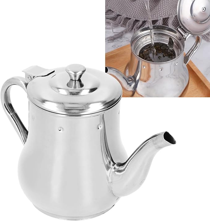 OUKENS Teapot with Removable Strainer, 30oz Stainless Steel Gooseneck Pour Over Kettle Modern Silver Small Coffee Tea Pot Infuser for 1-3 People, for Loose Leaf Tea & Pour-Over Coffee