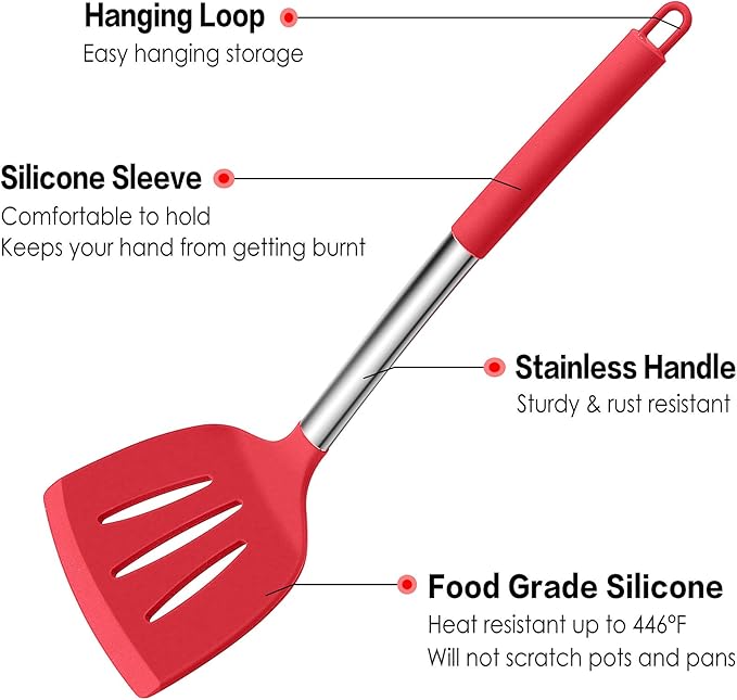 LIANYU 15-Piece Cooking Kitchen Utensils Set with Holder, Silicone Kitchen Tools Stainless Steel Handle, Slotted Spatula Spoon Turner Tong Whisk Brush for Cooking, Red