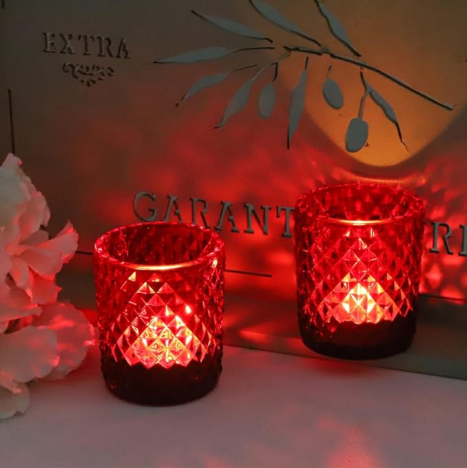Woho Candle Holders for Votive Candles/Tealight Candles, Votive Candle Holder for Boho Home Decor, Glass Tea Lights Candle Holder for Wedding Party Christmas（24, Red