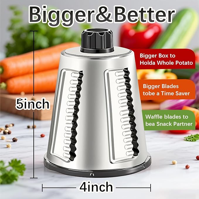 VEKAYA Rotary Cheese Grater Hand Crank with 4 Interchangeable Stainless Steel Blades, Large Manual Handle Shredder and Waffle Slicer for Vegetables, Cheese and Nuts with Table Suction Base (Black)