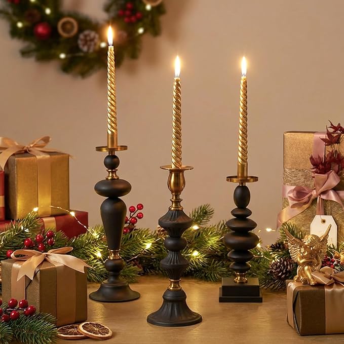 Taper Metal Candle Holder for Modern Vintage Luxury Decor, Matte Black & Antique Brass Iron Pillar Candle Stick Holder for Dining Table, Mantel Decor, Housewarming Gift