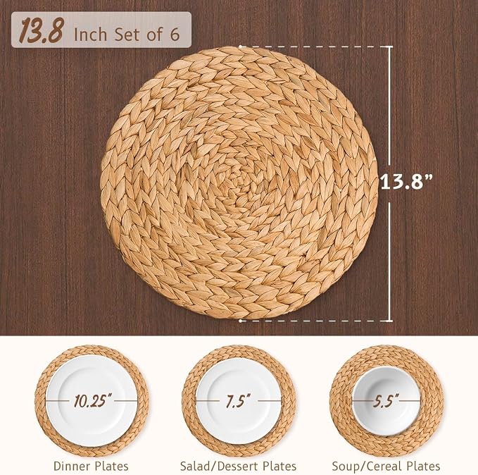 13.8 in Round Boho Placemats Set of 6, Woven Plate Chargers for Dining Table Decor Farmhouse Rustic Rattan Wicker Table Mats Chargers for Dinner Plates Jute Braided Place Mats