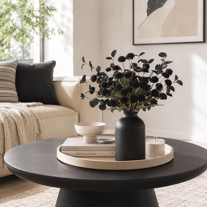 BLOSMON Black Flowers Artificial for Table: Metal Vase with 12 Stems of Fake Mums Eucalyptuses Centerpieces for Dining Room - Faux Silk Pom Poms Floral Arrangements Black Kitchen Home Decor Indoor