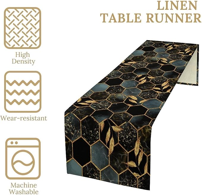 Marble Table Runner, Black and Gold Abstract Geometry Hexagon Modern Luxury Texture Printed Linen Table Runners for Home Farmhouse Kitchen Dining Room Party Holiday Decor 13" W x 60" L