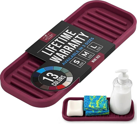 Zulay Kitchen (9x3.5) Silicone Sponge Holder for Kitchen Sink - Flexible Multipurpose Soap Tray - Sink Organizer for Kitchen, Bathroom, Makeup, Trinkets & More (Wine Red)