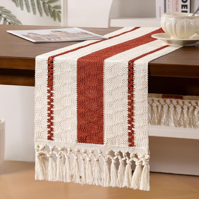 Boho Woven Cotton Linen Table Runner Terracotta & Ivory 11"x60" with Tassels Rustic Macrame Farmhouse Table Runner for Summer Dining Room Wedding Kitchen Party