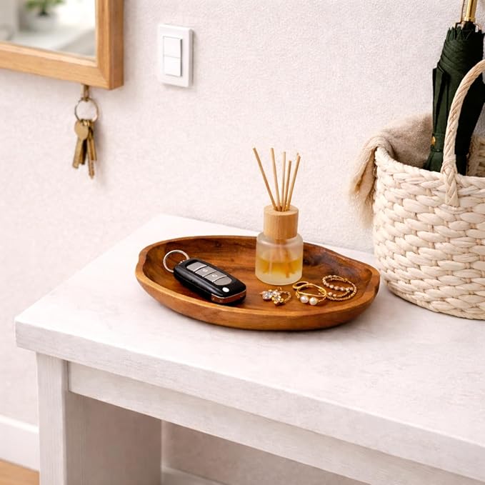 Teak Wood Multi-Purpose Catchall Tray – 12.8" Live Edge Decorative Organizer for Keys, Jewelry & Coffee Table Decor