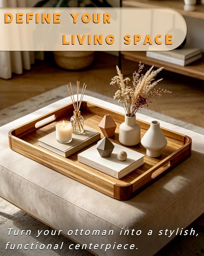 22" x 15.75" Acacia Wood Serving Tray with Handles & Rounded Corners | Large Rectangular Wooden Ottoman Tray for Living Room, Kitchen, Coffee Table, Food Serving