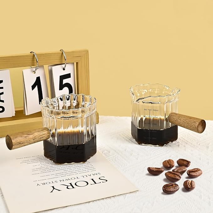 Glass Measuring Cup, 5oz Espresso Shot Glass with Wood Handle, Double Spouts Measuring Triple Pitcher Milk Cup for Coffee Tea (Transparent Ribbed)