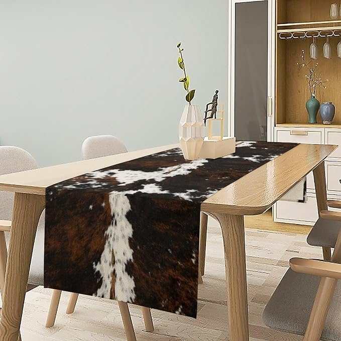 Cow Skin Print Table Runner, Cotton Linen Rustic Cottage Country Farm Animal Fur Skin Pattern Western Style Brown Cowhide Print Dinner Runner for Home Kitchen Dining Table Decoration 13"x90"