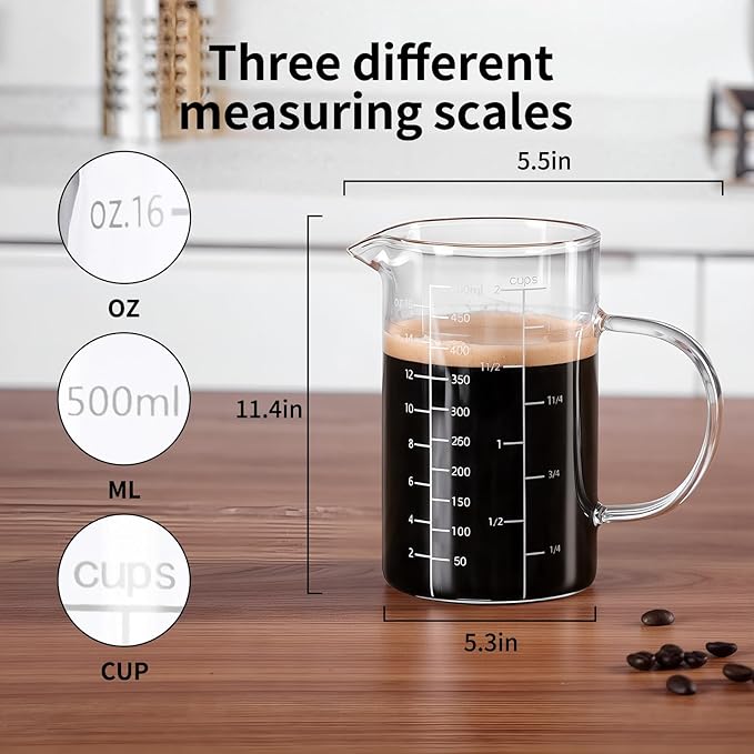 FrutPunch Glass Measuring Cup, 500ML (18OZ, 2 Cups), with Three Scales and V-Shaped Mouth Measuring Cup, High Borosilicate Glass Liquid Measuring Cups, Suitable for Kitchen and Restaurant.