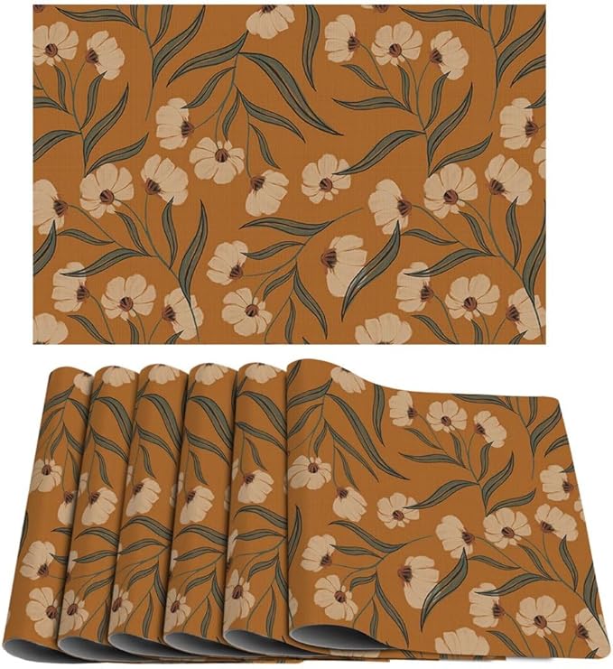 Boho Wildflowers Placemats Set of 6 Rustic Nature Plant Washable Heat Resistant Place Mats for Dining Table Vintage Nature Cottagecore Linen Woven Wipeable Kitchen Table Mats Orange