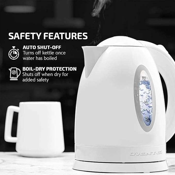 OVENTE Electric Kettle,1.7L Fast Boiling Water Heater for Coffee or Tea,BPA Free with Water Level Gauge,Auto Shut-Off,Boil-Dry Protection,Indicator Light and Removable Filter,White KP72W,(Pack of 12)