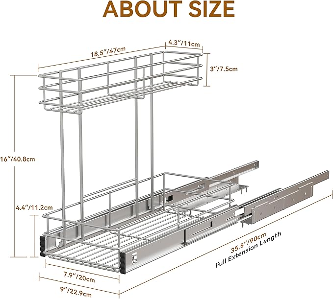Under Sink Organizer 2 Packs, Pull Out Cabinet Organizer 2 Tier, Under Sink Slide Out Organizer Chrome Plated, Under Kitchen Bathroom Sink Organizer, Pantry Cabinet Closet Organization Rack, 9"W X19"D