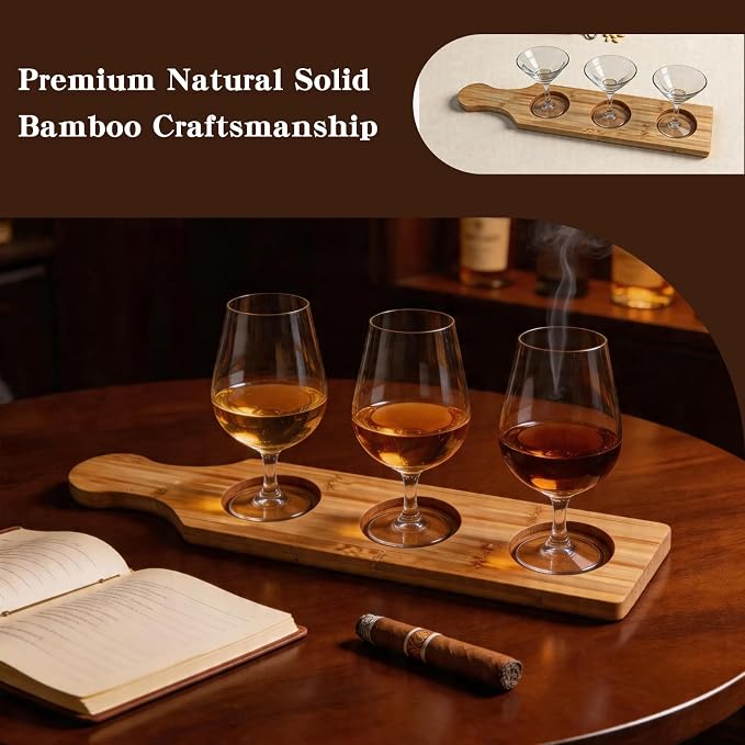 Flight Board, Bamboo Drink Flight Boards (6 Pack), 3-Hole Handheld Paddle Serving Tray for Beer, Wine, Whiskey Tasting, 15.35 × 3.15 Inch Individual Display Stand