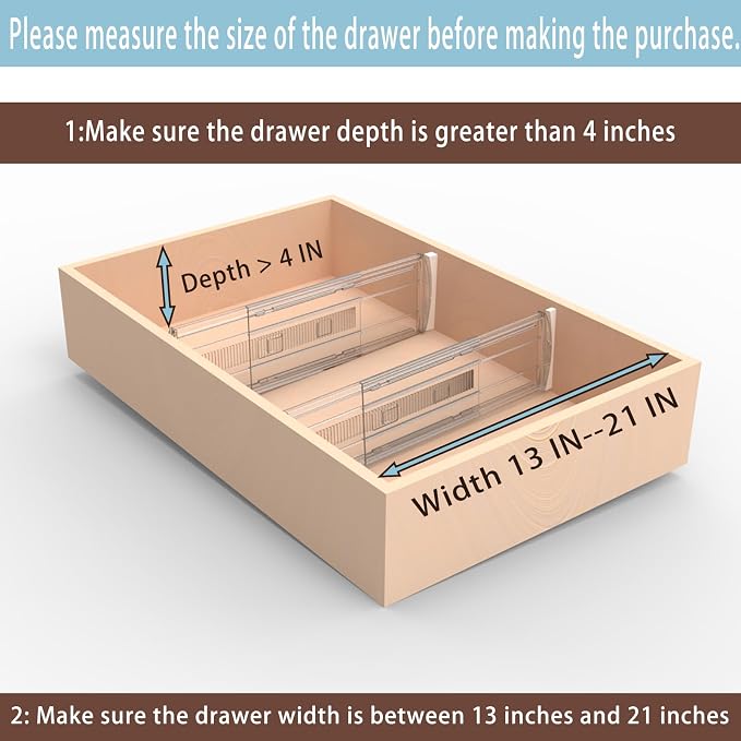 6 Pack Adjustable Drawer Dividers for Clothes,4" High Expandable From 13-21" Clear Drawer Organizers, PC Plastic Separators for Dresser/Bedroom/Bathroom/Kitchen/Office Storage