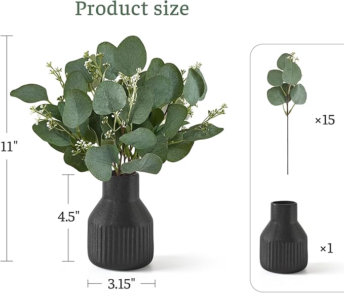 Dahey Artificial Eucalyptus Stems in Small Ceramic Vase Centerpiece Table Decorations Modern Farmhouse Decor Fake Eucalyptus Plants with Vase for Bathroom Kitchen Shelf Living Room Home Decor, Black