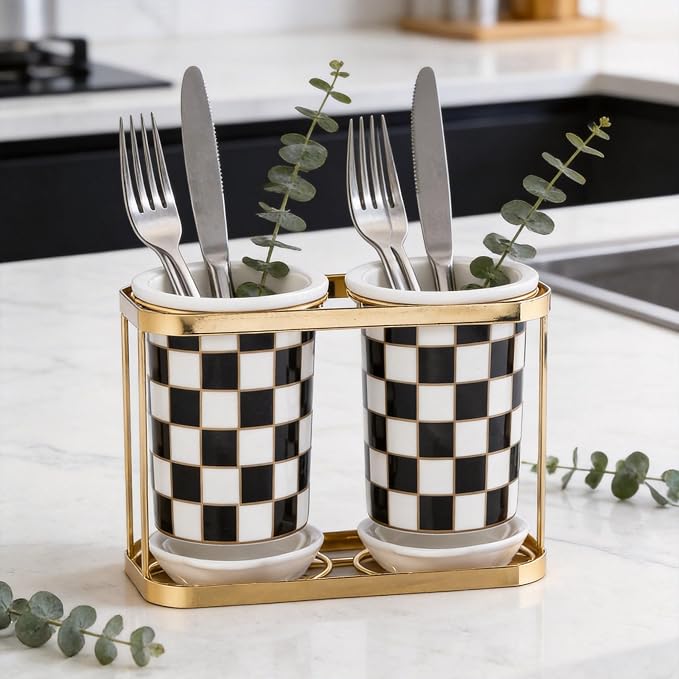 Multi-functional Ceramic Checkered Utensil Crocks, Black & White Grid Kitchen Utensil Storage, Bathroom Checkered Bathroom Toothbrush Holder, Flatware Organizer & Home Accessory (Black)