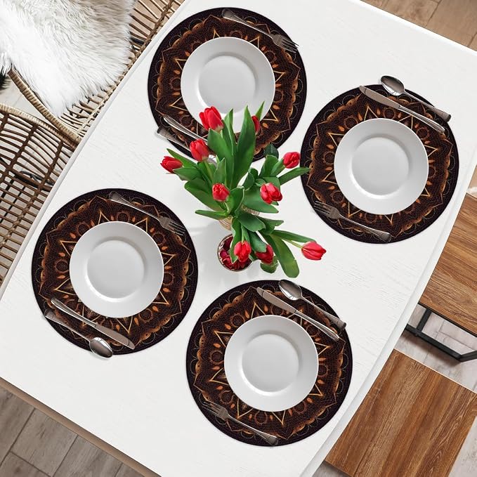 Round Placemats Set of 4, Fire Mandala Flowers Woven Placemats Mats Non-Slip Heat Resistant Washable Table Mats Round Braided Place for Farmhouse Kitchen Dining Party Decor 15in