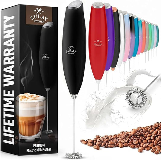 Zulay Kitchen Milk Frother Handheld Electric Whisk – Frother Wand, Durable Drink Mixer, Coffee Frother, Hand Blender, Frother for Protein Powder, Matcha & More - Black