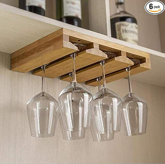 Bamboo Wine Glass Holder, Hanging Stemware Display Rack, Under Cabinet Mounted Wine Glass Drying Storage Hanger Organizer Rack