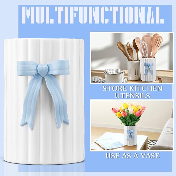 LemonRoad Blue Bow Ceramic Utensil Holder 3D Coquette Handmade Pink Kitchen Decor Gifts Cooking Utensil Crock with Scalloped Preppy Caddy Pen Holder Vase Graduation Gift for College Students