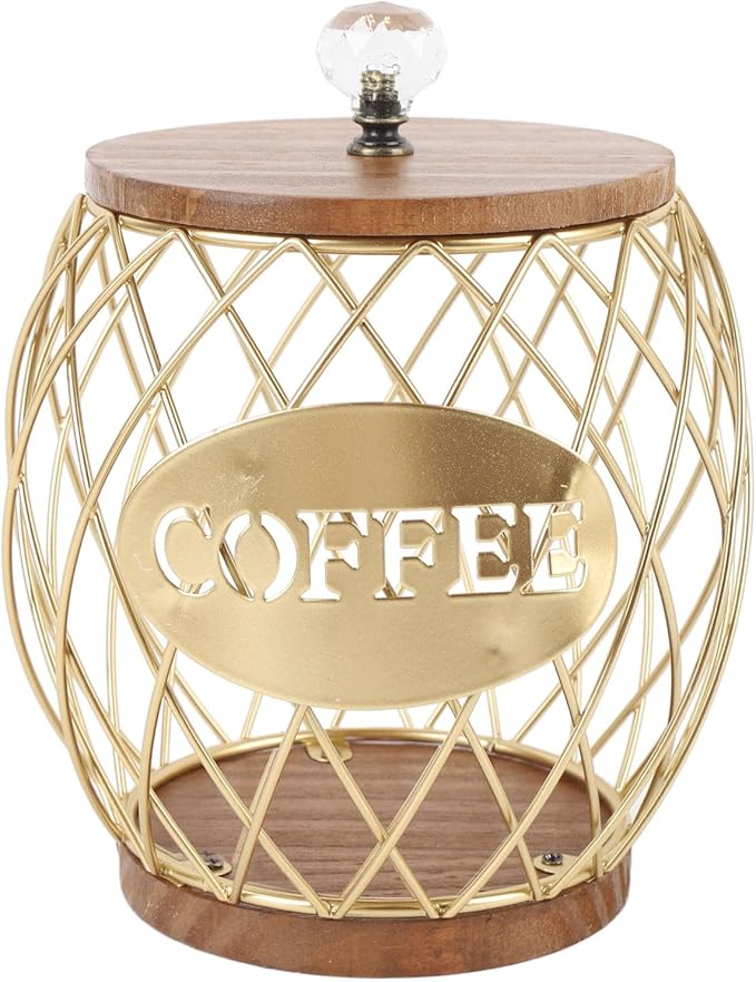 EVGATSAUTO Large Capacity Coffee Capsule Organizer Iron Pod Holder with Wood Base K Cup Storage Coffee Pods Basket with Lid for Kitchen Cafe Bar Coffee Bar Accessories