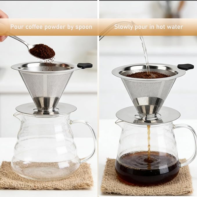 Pour Over Coffee Dripper, Reusable Cone Stainless Steel Coffee Filter, Double Layer Fine Mesh Paperless Coffee Maker with Coffee Spoon and Cleaning Brush for 3–4 Cups