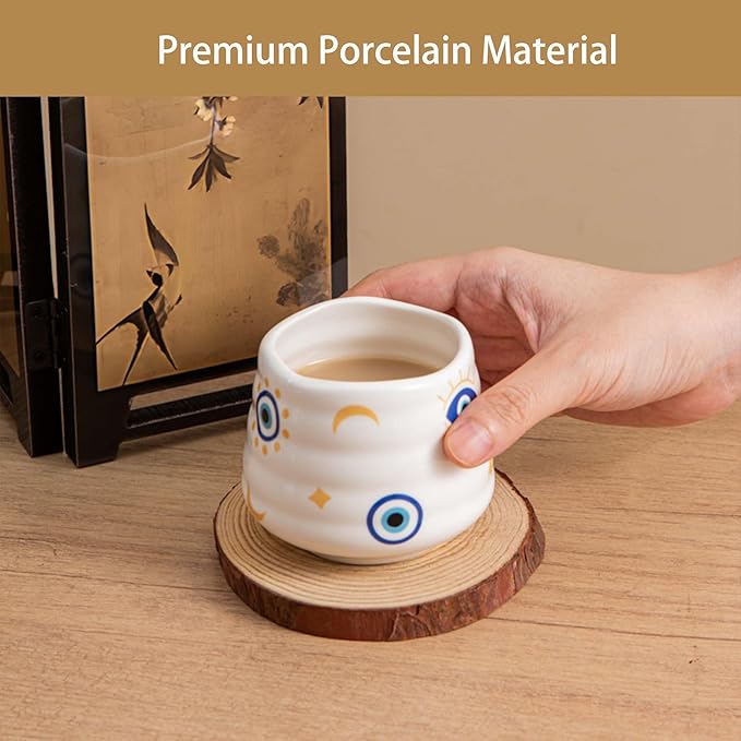 4pcs Japanese Tea Cup Set – Mini Size Cup 5OZ Ceramic Matcha Cup, Handless Espresso Cups, Cute Small Porcelain Coffee Mugs, for Coffee Tea Lovers, Dishwasher & Microwave Safe (Evil Eye)