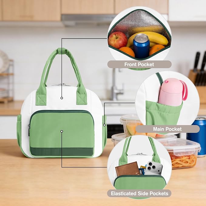 Stylish Color-blocked Lunch Bag for Women, Leakproof Lunch Box for Adult Girls, Large Capacity Reusable Lunch Box for Work Picnic Travel (Green with Off White)