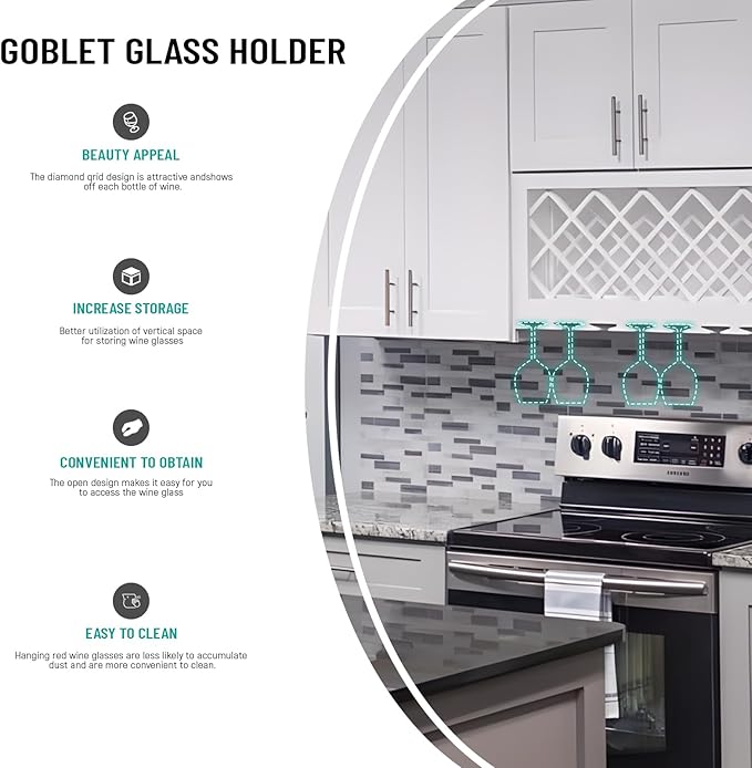 Wine Glass Holder Under Wall Cabinet,Glass Organization for Kitchen and Bar, Wall Mounted, RTA, White Shaker, Painted, 7 Section (White, 30" W X 1.5" H X 12" D)