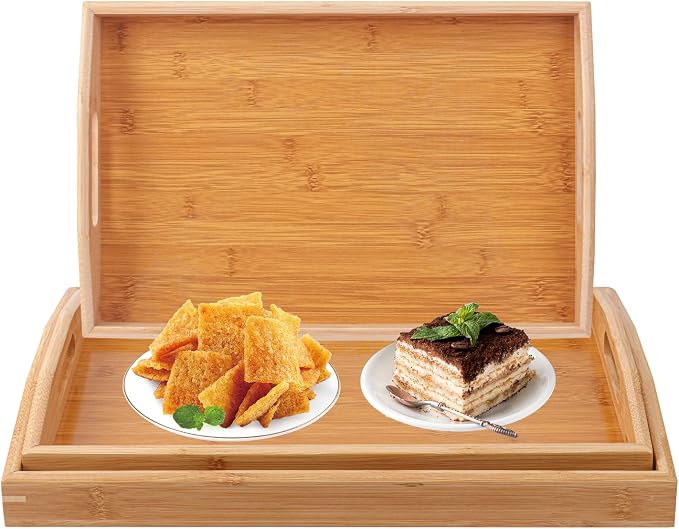 3 PCS Bamboo Serving Tray, 3 Size Nested Breakfast Bed Tray with Handle, Wood Serving Tray for Serving, Breakfast Bed Trays for Eating, Decor, Displaying Cake, Fruit