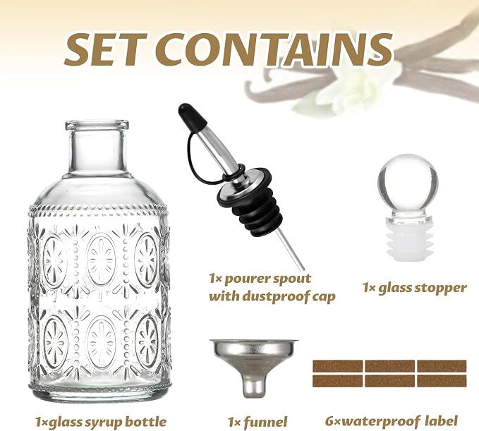 Retro Glass Syrup Dispenser Bottle 7oz, Oil and Vinegar Cruet with Stainless Steel Pour Spout, Labels, Funnel & Stopper(Antique Daisy)