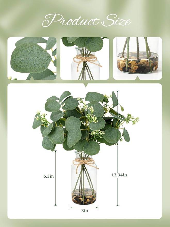 MACTING Artificial Eucalyptus Stems in Glass Vase with Faux Water Stones 14" Artificial Plants Indoor Eucalyptus Leaves for Table Centerpieces Bathroom Kitchen Living Room Shelf Home Decorations