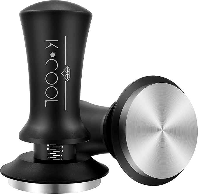 K COO Espresso Tamper, Premium Barista Tools Coffee Tamper with Calibrated Spring 30lb, 100% Stainless Steel Flat Base Tamper with Scale Mark Fits for Breville 54mm Portafilter Basket (53mm, Black)