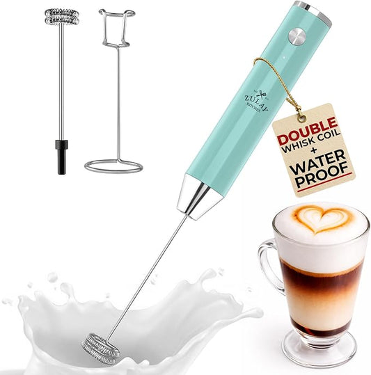 Zulay Kitchen Rechargeable Milk Frother Handheld - Frother Wand, Drink Mixer, Electric Whisk Frother, for Cappuccinos, Matcha & Protein Powder - Lux 4 Whisk 2 Speed Waterproof 2000mAh Sky Blue