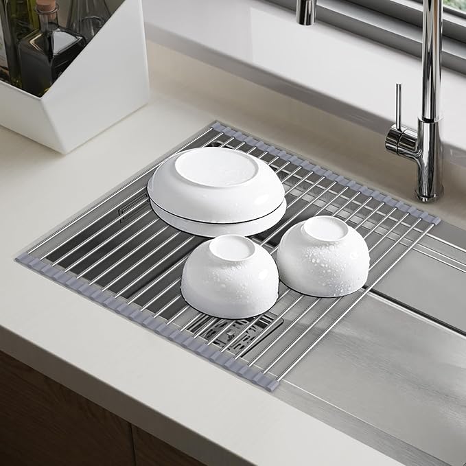 Dish Drying Rack Over The Sink with Roll Up for Kitchen,16.9''x15.7'',Gray