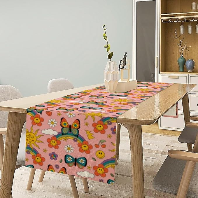 Retro 70s Floral Table Runner,Vintage Hippie Summer Groovy Daisy Flower Table Runner for Home Kitchen Dining Table Party Holiday Decor 13"x60"