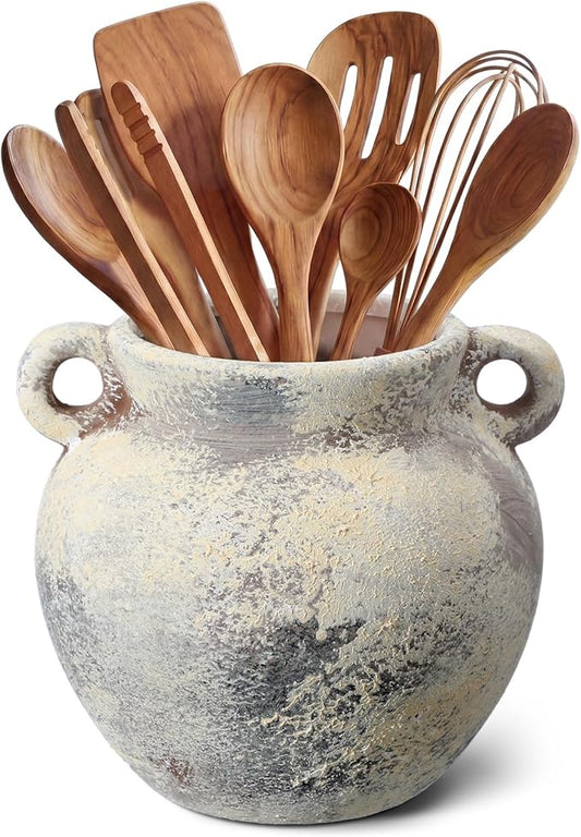 Qinyoung Rustic Kitchen Utensil Holder 6 Inch Small Ceramic Utensil Holder with Handle Vintage Crock Decoration Spatula Organizer for Kitchen Countertop Farmhouse Party Supplies(Beige,Retro Textured)