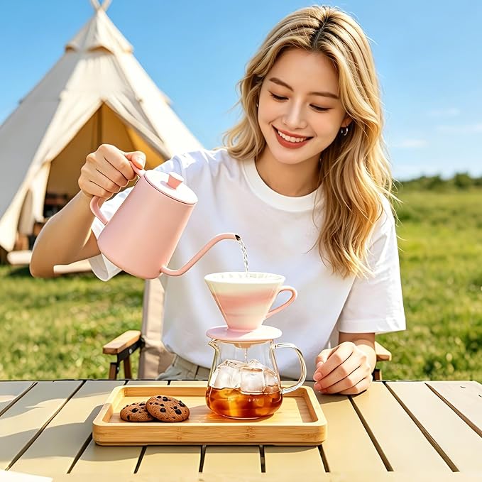 Bincoo Pour Over Coffee Maker & Dripper with Handle and Saucer, Origami-Style Ceramic Pour Over Coffee Filter, Reusable Porcelain Coffee Brewer Compatible with Standard Coffee Filter Papers（Pink）